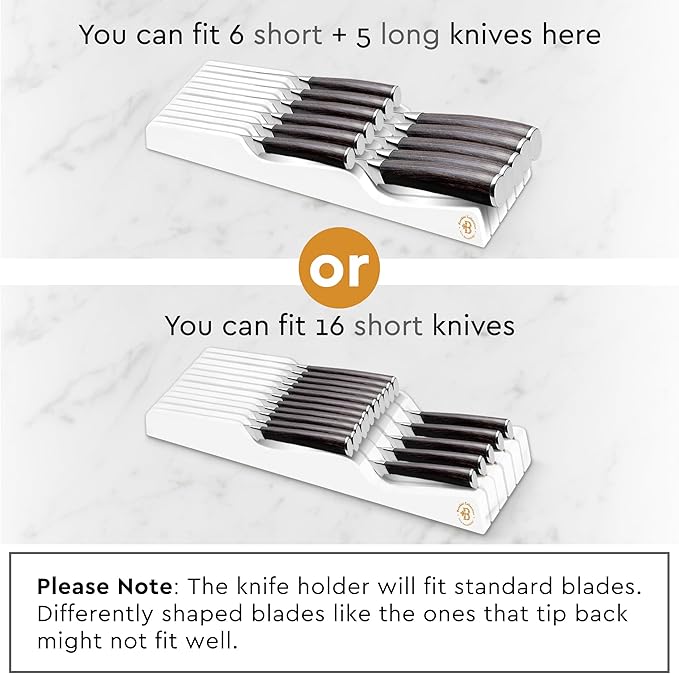 In-Drawer Knife Block Organizer - Bamboo Wood Drawer Knife Organizer - Holds 5 Long + 6 Short Knives (Not Included) - Store Knives with Blades Pointing Down