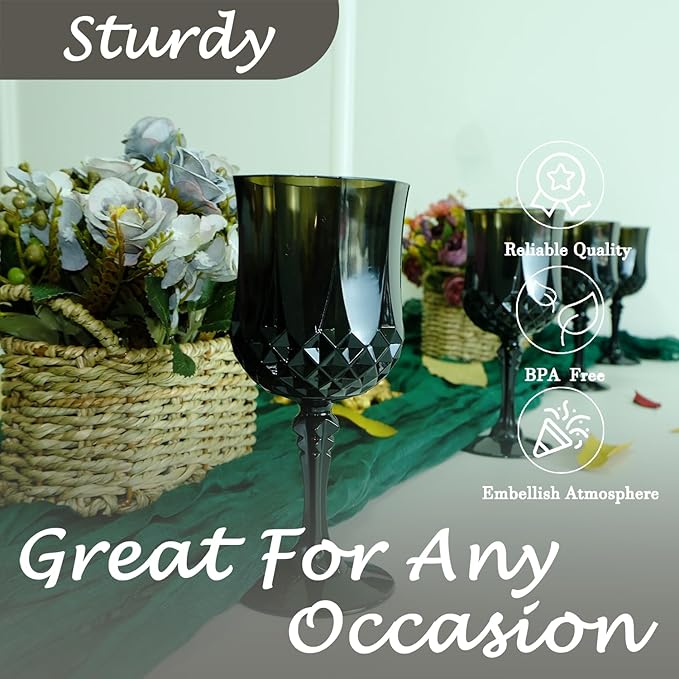 Plastic Wine Glasses,Plastic Goblets Vintage Style Cordial Drinking Glasses for Wedding Reception, Grand Event Party Supplies (12, Black)