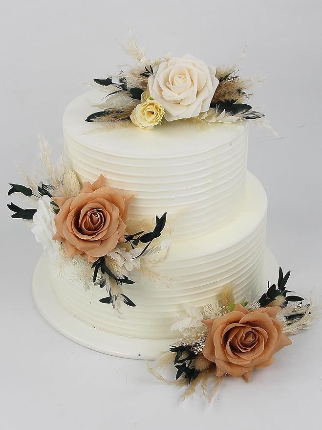 Rinlong 3Pcs Pre-made Boho Cake Toppers Pampas Cake Decorations Birthday Wedding Cake Decorating Flowers Baptism Decor for Women Girls