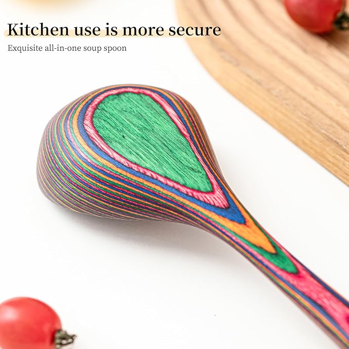 Gudamaye Pakkawood Rainbow Deep Soup Ladle with Spout, 9.6 inch Big Soup Ladle for Cooking