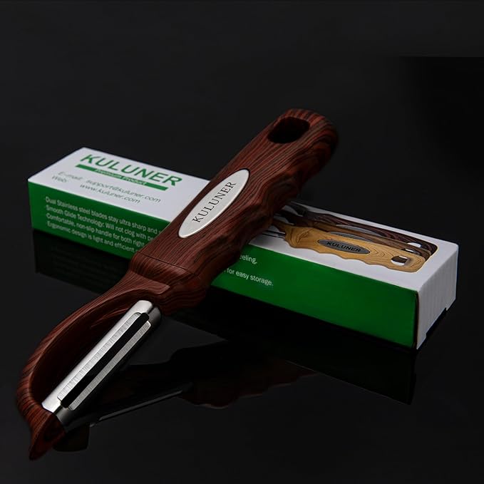 Kitchen potato vegetable peeler with stainless steel rotating blade, suitable for fruits and vegetables (Redwood grain)