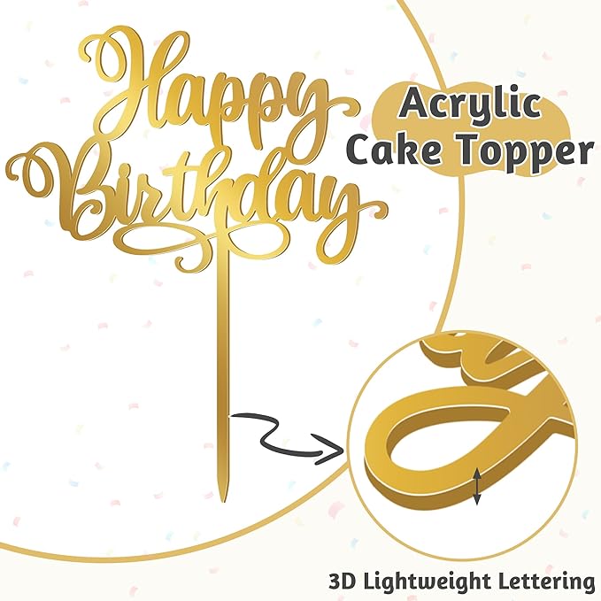 1PCS Gold Happy Birthday Cake Topper, 5.1 x 6.5 Inches Mirror Acrylic Signs Birthday Cake Decorations, Birthday Cake Toppers for Baby Shower, Gender Reveal Cake Decorations, Dessert Parties