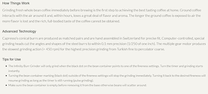 Capresso 560Infinity Conical Burr Grinder, Brushed Silver, 8.5-Ounce