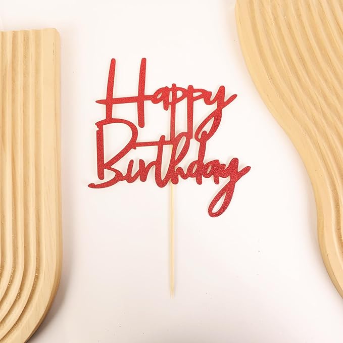 Happy Birthday Cake Topper - Glitter Red Birthday Cake Top Decorations (Red)