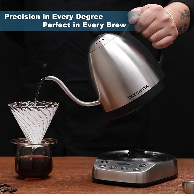 Bonavita Gooseneck Electric Kettle, Stainless Steel Water Boiler, Digital Variable Temp, Precise Pour Control, 6 Preset Temps for Pour-Over Coffee & Tea, Café, Home, 1 Liter, Stainless Steel Base