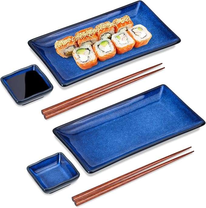 Ceramic Sushi Serving Tray Sets 2, 6 Pieces Japanese Style Porcelain Sushi Plate Set with Soy Sauce Dishes, Bamboo Chopsticks Housewarming Gift, Blue