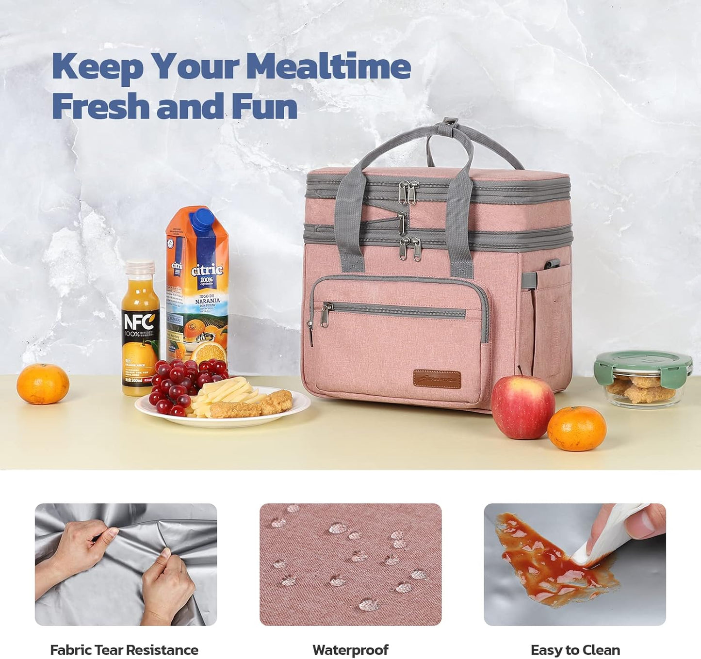 Maelstrom Lunch Bag Women,23L Insulated Lunch Box for Men Women,Expandable Double Deck Lunch Cooler Bag,Lightweight Leakproof Lunch Tote Bag with Side Tissue Pocket,Pink