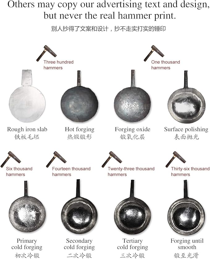 臻三环 ZhenSanHuan Chinese Hand Hammered Iron Woks and Stir Fry Pans, Non-stick, No Coating, Carbon Steel Pow (34CM, BlueBlack Seasoned with help handle)
