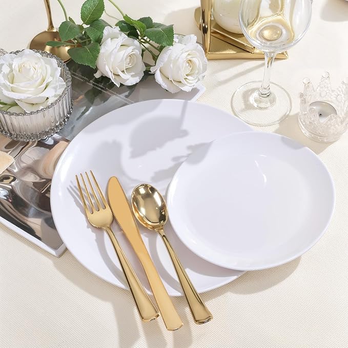 PULOTE 200 Pieces White Plastic Plates Disposable - Include 100PCS 10 inch Dinner & 100PCS 7 inch Dessert Plates, Ideal for Party & Wedding