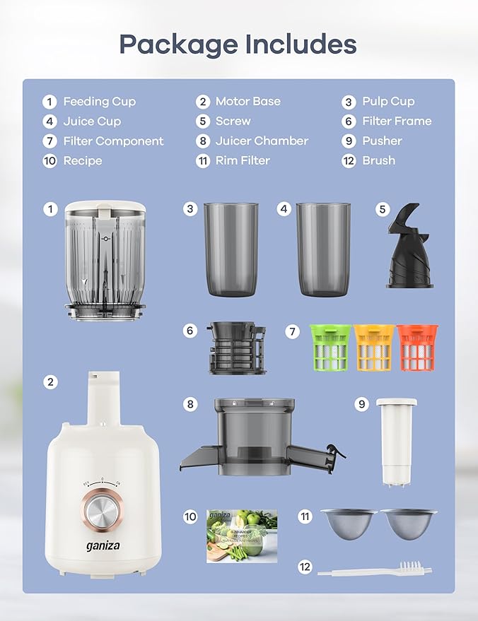 Ganiza Juicer Machines, Cold Press Juicer with 4.3" Large Feed Chute for Whole Fruits & Vegetables, Slow Masticating juicers with 3 Replace Filters for Batch Juicing, Easy to Clean, BPA Free (White)
