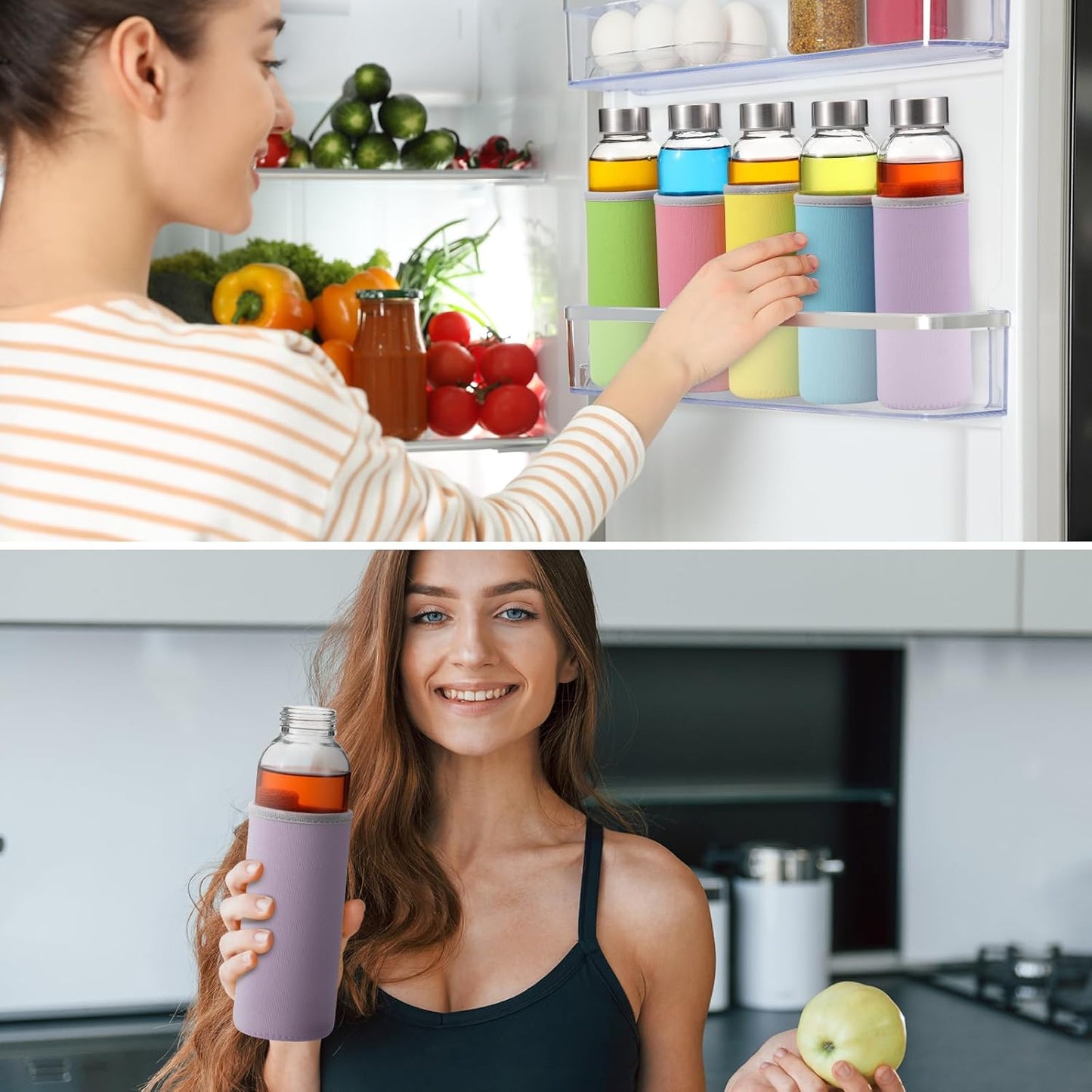 Vesici 12 Set 18 oz Clear Glass Water Bottles, Reusable Glass Juicing Bottles with Protection Sleeve and Stainless Steel Leak Proof Lids for Milk Smoothie Juice Beverage Tea (Colorful,Classic)