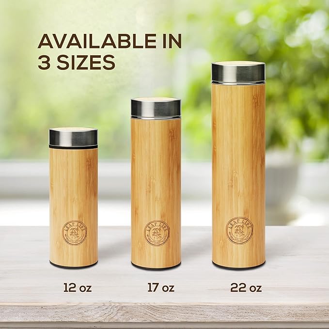 LeafLife Premium Bamboo Tea Bottle for Loose Tea - Tea Infuser Bottle - Tea Gifts - Insulated Water Bottle/Coffee Tumbler/Tea - Tea Gift Set, Tea Accessories - Tea Tumbler 17oz