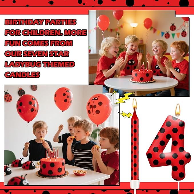 13PCS Ladybug Theme Birthday Candles Set - Red & Black Polka Dot Decorative Candles for Kids Ladybug Themed Parties, Baby Showers, Birthday Cakes, and Ladybird Inspired Celebrations(Number 4)