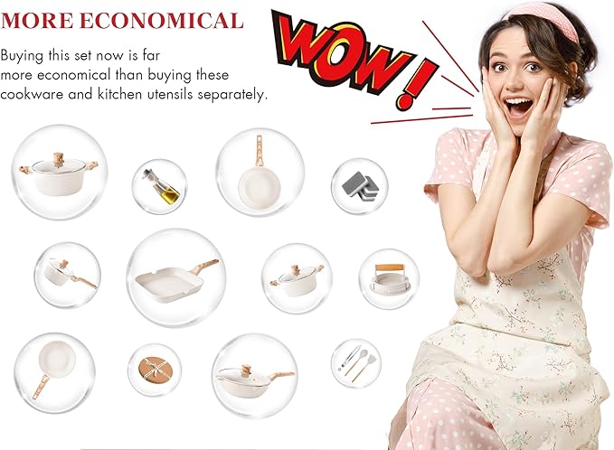 Caannasweis 20Pcs Cookware Sets, Nonstick Pots and Pans Set, Granite Induction Cookware, Non Stick Kitchen Cooking Set, Grayish White Grill Pan Set, PFOS PFOA Free