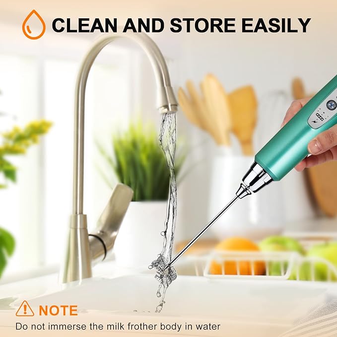 YUSWKO Green Handheld Milk Frother Wand for Coffee, Rechargeable Electric Whisk with 3 Heads 3 Speeds Drink Mixer Coffee Frother For Latte, Cappuccino, Hot Chocolate, Egg