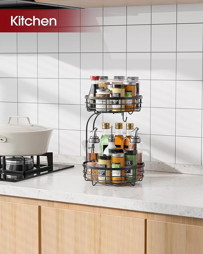 Fruit Basket for Kitchen Counter - 2-Tier Large Capacity Fruit Bowl with Detachable Banana Hanger, Rust-Proof Metal Fruit Holder for Vegetables, Bread, Toiletry,10" D x 10" W x 14" H, Black