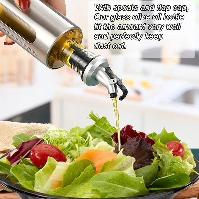 Oil Dispenser Bottle, 4 Pack Glass Olive Oil Dispenser Bottle with Shelf, 17oz/500 ml Oil and Vinegar Dispenser Set Wrapped in Stainless Steel Shell with Pourers, Funnel & Pen and Tags