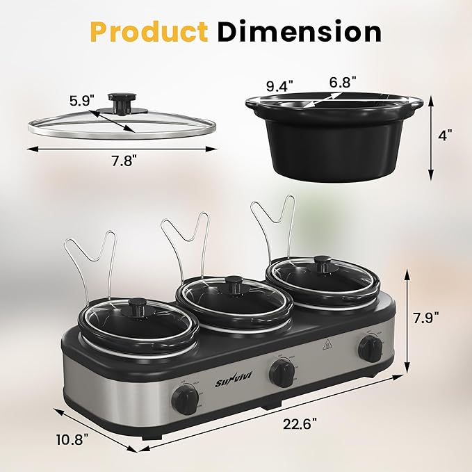 Sunvivi Triple Slow Cooker, Buffet Server and Food Warmer, Small Mini Pot with 3 Adjustable Temp & 3 Visible Glass Lids, for Parties, Holidays and Entertaining, Stainless Steel, 3 * 1.5 Quarts