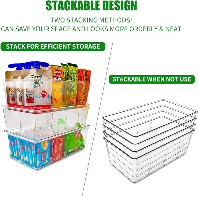 6 Pcs Clear Pantry Organizers and Storage,Plastic Storage Bins for Fridge with Removable Dividers, Kitchen Cabinet Organizers Ideal for Kitchen, Pantry, Refrigerator, Freezer, and Snack Storage