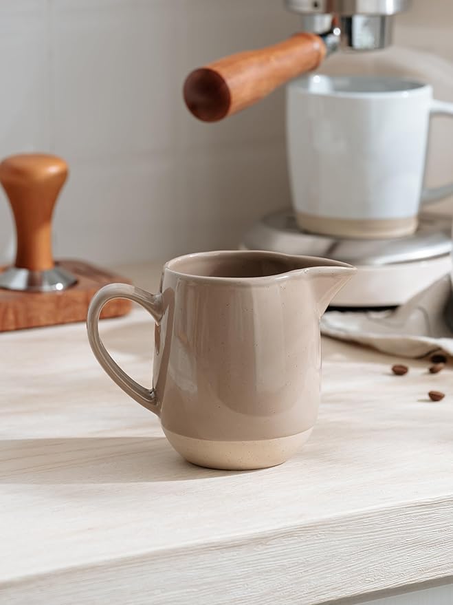 famiware Milkyway 13oz Creamer with Handle, Ceramic Coffee/Milk/Sauce/Serving/Salad Pitcher Jug, Stoneware Maple/Syrup Dispenser, Milk Frother Cup, Microwave and Dishwasher Safe, Cinnamon Brown