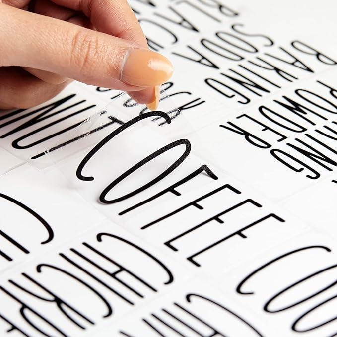 Talented Kitchen 136 Kitchen Sticker Labels for Food Containers - Varied Sizes, Black Text on Clear Background - Waterproof Labels for Jars & Storage