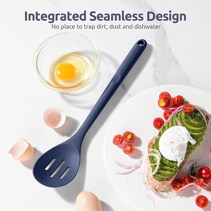 600ºF Heat Resistant Silicone Spoon: U-Taste 13.3in Solid Kitchen Cooking Spoon, Nonstick Food Grade Large Soup Rubber Utensil for Mixing, Serving, Stirring, Basting, for Pot Cookware (Midnight Blue)