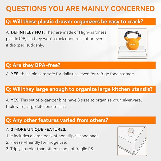 Criusia 8 Pack Drawer Organizer for Kitchen Gadgets, Large Clear Plastic Drawer Divider for Kitchen Accessories, Bathroom Organizers and Storage, Home Essentials for Makeup and Vanity Accessories