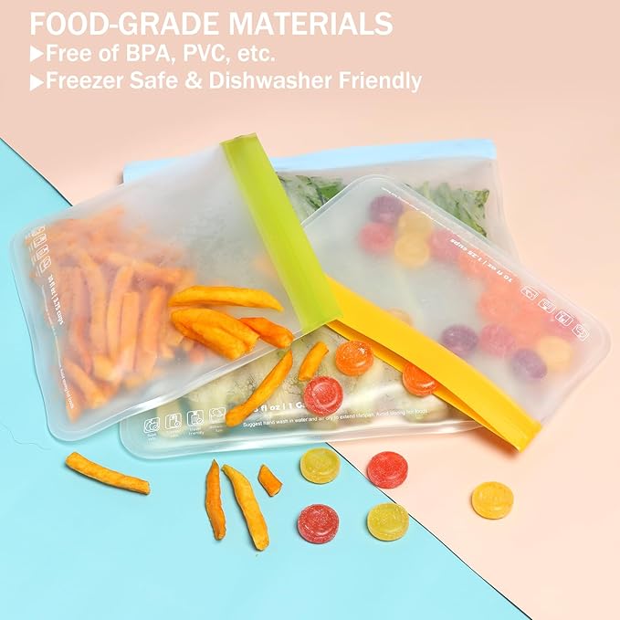 SPLF 12 Pack Dishwasher Safe Reusable Bags Silicone, Leakproof Reusable Freezer Bags, BPA Free Reusable Storage Bags for Lunch Marinate Food Travel - 2 Gallon 5 Sandwich 5 Snack Bags