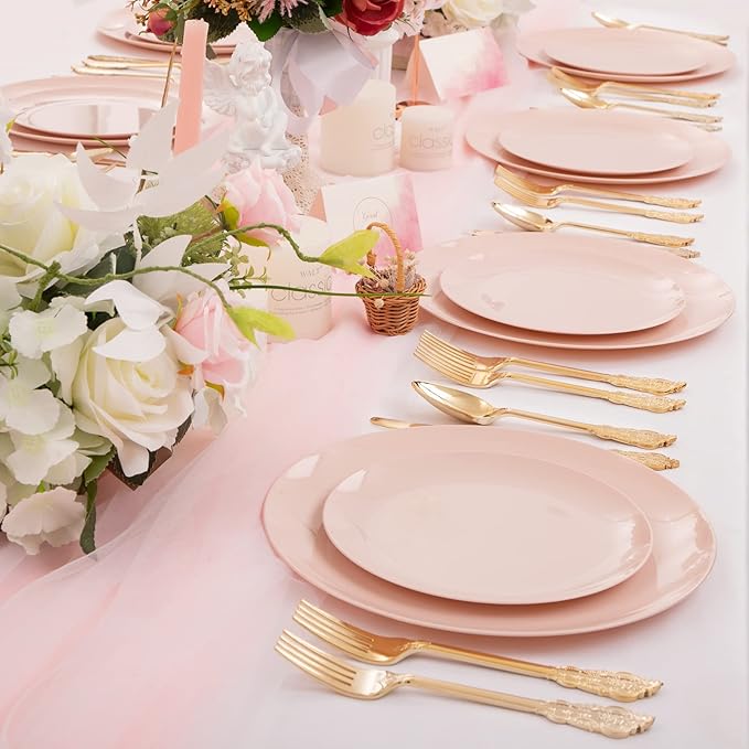 KIRE 60PCS Pink Plastic Plates Disposable - Heavy Duty Pink Plates for Party - Include 30Pieces 10.25inch for Dinner and 30Pieces 7.5inch for Dessert Salad