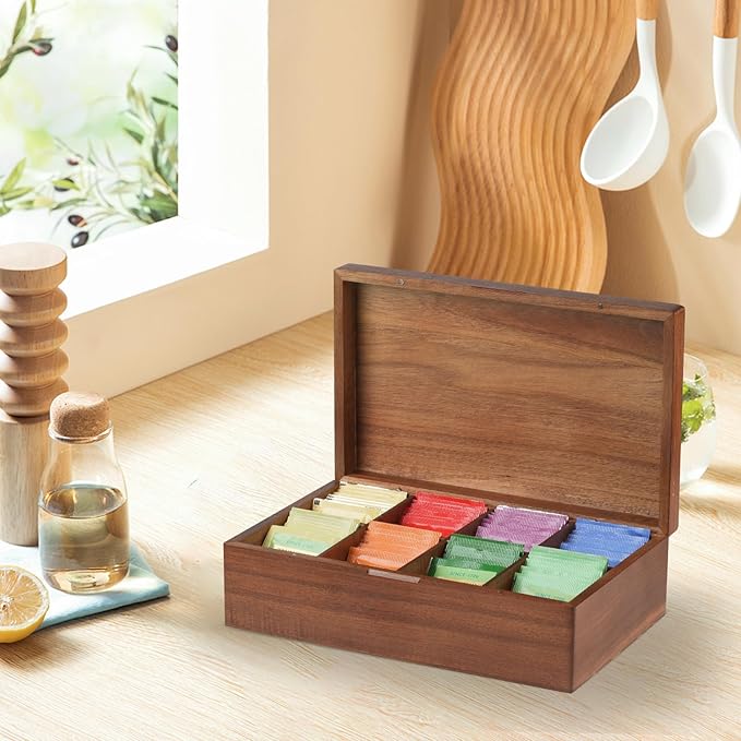 Acacia Wood Tea Bag Organizer, 8 Compartments Tea Box Organizer Storage Box, Tea Box for Tea Bags Chest, Tea Bag Holder with Magnetic Lid for Beverage Supplies, Sugar, Sweeteners, Individual Packets