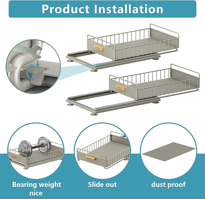 Under Sink Organizer, 2 Pack Pull Out Kitchen Cabinet Organizer, Mute Slide-Out Under Sink Organizers and Storage, Metal Kitchen Bathroom Organizers and Storage Shelves, Grey