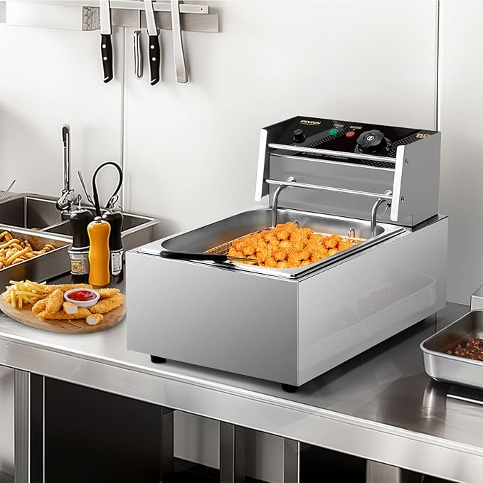 ROVSUN 11.4QT Electric Commercial Deep Fryer with Basket & Lid, Countertop Kitchen Frying Machine, Temperature Adjustable Stainless Steel French Fryer for French Fries Donuts Onion Rings 2500W