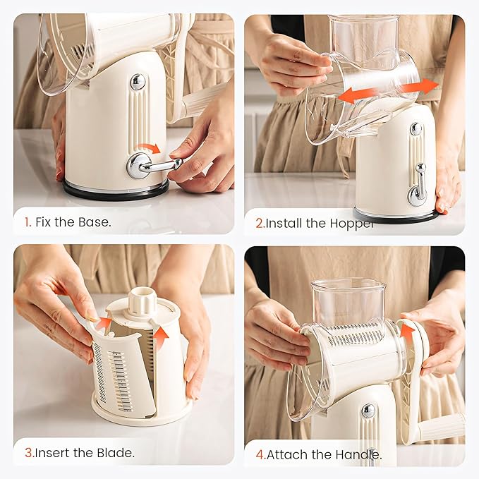 Rotary Cheese Grater Hand Crank,Emojoy 5-in1 Cheese Shredder Vegetable Chopper with Strong Suction Base, Rotary Cheese Graters for kitchen with Blade Storage Box, Included Cheese Slicer and Peeler