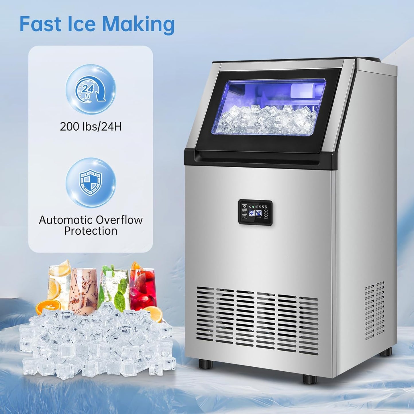 Ice Maker Commercial Ice Machine 200 lbs /24H, 33 lbs Large Storage Capacity Bin, Under Counter or Freestanding Ice Cube Makers Stainless Steel for Restaurant Bar Cafe