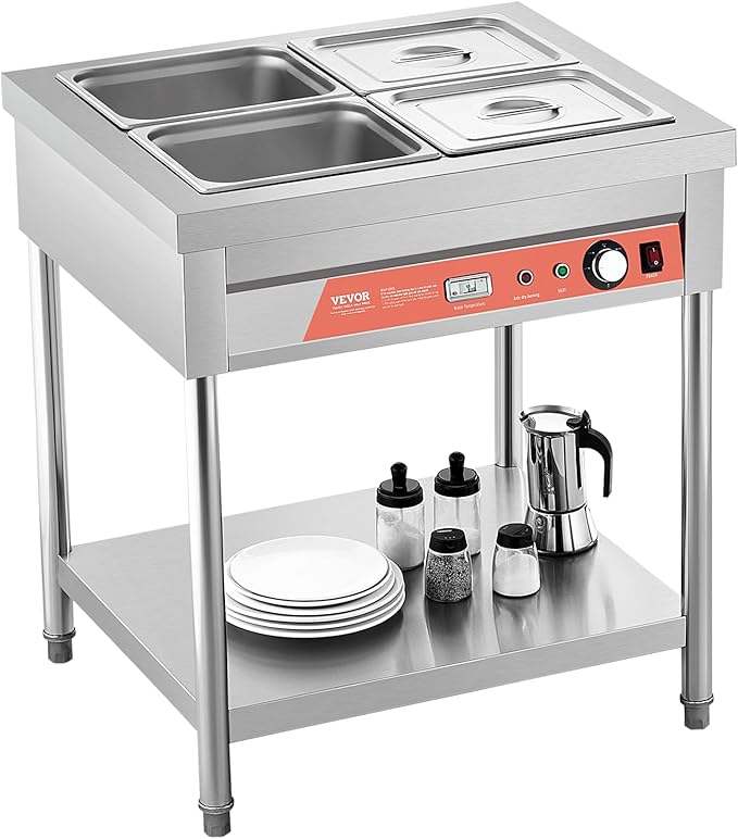 VEVOR 4-Pan Commercial Food Warmer, 4 x 1/2 Pans Electric Steam Table, 1500W Professional Buffet Catering Food Warmer with Undershelf, Stainless Steel Server for Restaurant Party Hotel