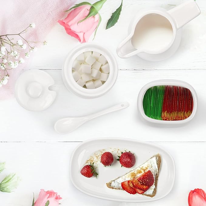 ZENFUN Set of 4 Porcelain Creamer and Sugar Set with Saucer, Sugar Bowl with Lid and Spoon, Cream Pitcher, Sweetener Holder, Coffee Serving Set for Kitchen Home Cafe Party, Restaurant, White