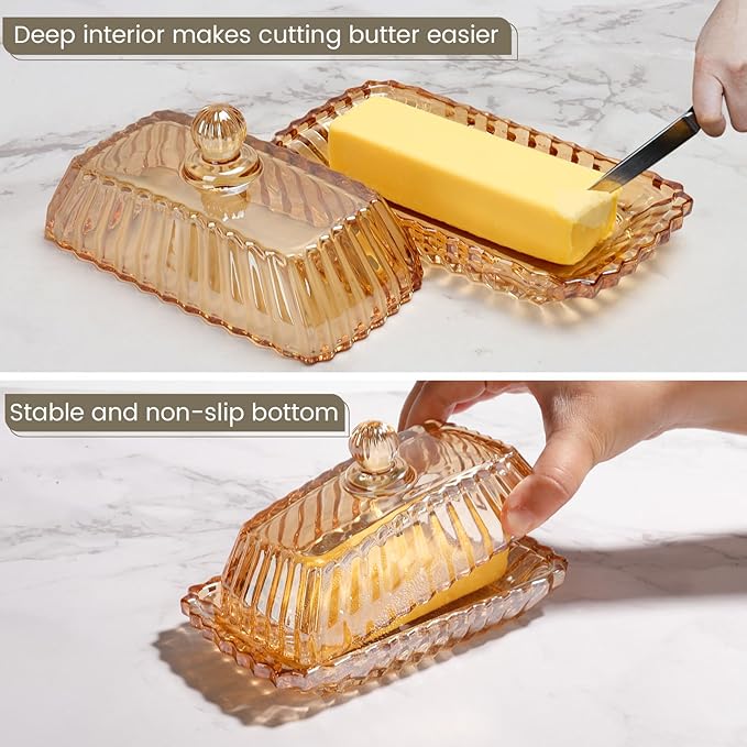 Glass Butter Dish with Cover for Countertop Amber Vintage Crystal Butter Dish with lid for Counter,Covered Glass Butter Holder Keeper Butter Tray for Refrigerator,Butter Container with 4oz Butter