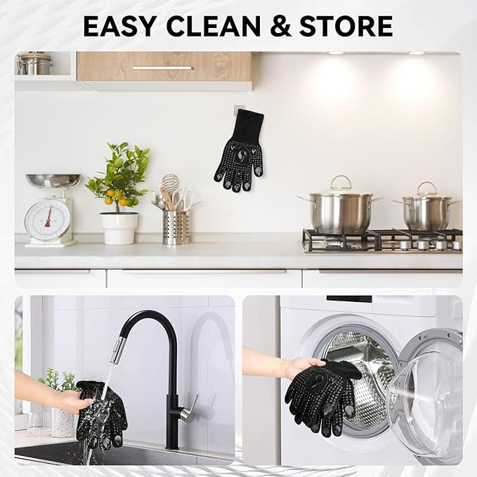 BBQ & Grill Gloves, Oven Gloves, 1472°F Silicone Oven Mitts Heat Resistant Grilling Gloves Fireproof Non-Slip for Barbecue Cooking Baking Smoking, 1-Pair Black(M)