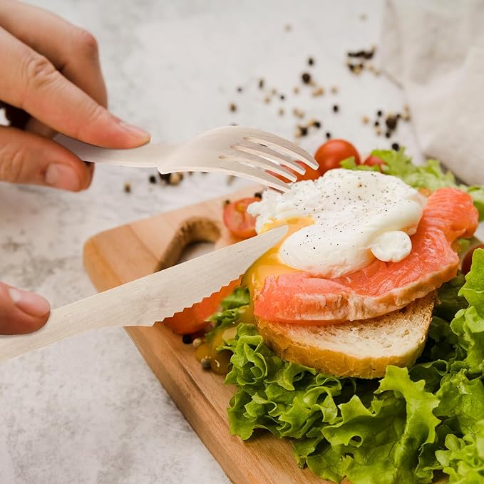 ECOLipak 300 Count Disposable Wooden Knives, Wooden Compostable Disposable Knives for Party, Camping, Traveling, Family Dinners