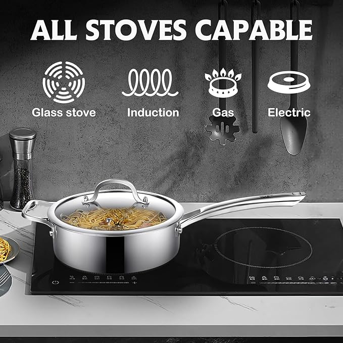 Frying Pans Nonstick Set with Lid,Hybrid Non Stick 5 Quart Saute pan,10 inch Skillet,8 inch Skillet PFOA Free Cookware,Stainless Steel skillet,Deep Saute Pan,Dishwasher Safe,Works on All Cooktops