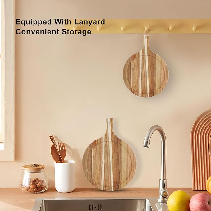 Acacia Wood Round Cutting Board with Handle, Pizza Cutting Boards for Kitchen, Small Wooden Chopping Board, Charcuterie Serving Boards for Cheese, Meat, Vegetables, Bread, 15.7" x 11.8"