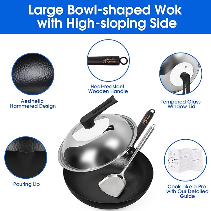 12.5 Inch Carbon Steel Wok For Electric, Induction and Gas Stoves (Lid, Spatula and User Guide Video Included)