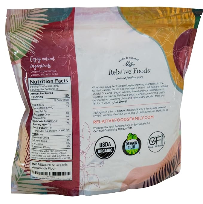 Relative Foods Organic Amaranth Flour – Gluten-Free, High Protein Organic Millet Flour – Amaranth Powder Ideal for Baking, Thickening, Flatbreads & More – 5lb Bag