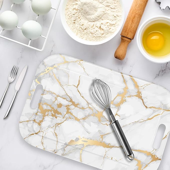 Serving Trays with Handles, 14.5 x 9.8 inch Rectangular Plastic Tray for Restaurant, Kitchen, Golden White Marble