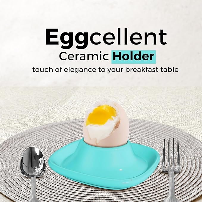 Flexzion Egg Cups for Soft Boiled Eggs - Set of 6 Ceramic Egg Holder - Stackable Egg Coddler Cups with Base for Serving, Breakfast, Brunch - Kitchen Table Decor, Blue