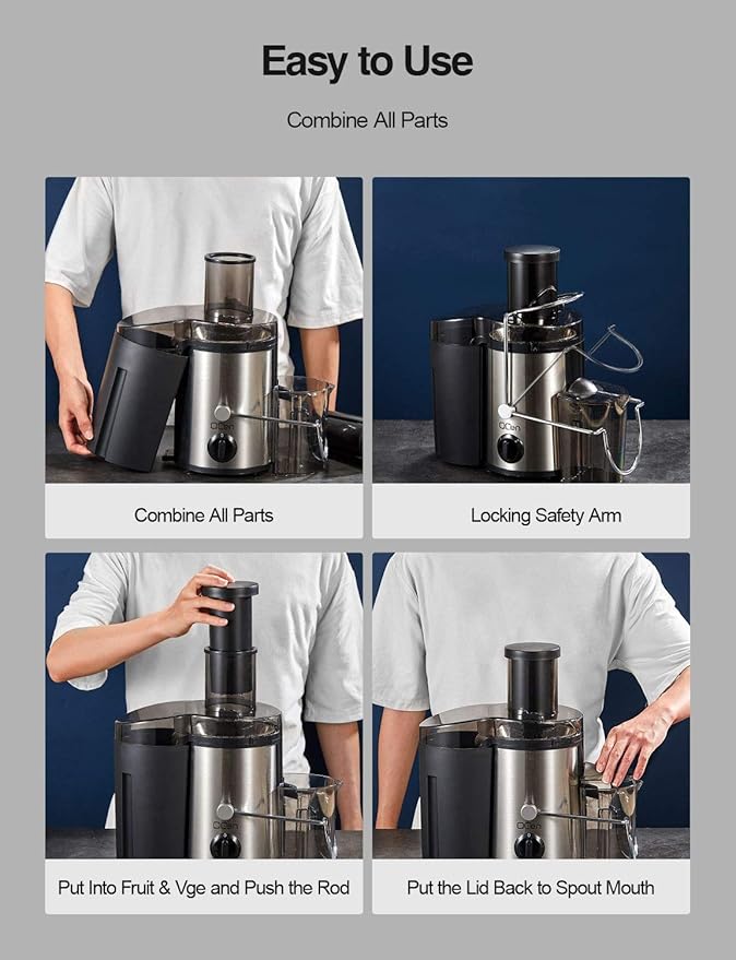 QCen Juicer Machine, 500W Centrifugal Juicer Extractor with Wide Mouth 3” Feed Chute for Fruit Vegetable, Easy to Clean, Stainless Steel, BPA-free (Blue)