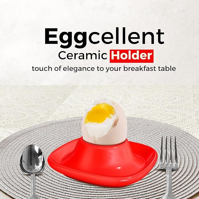 Flexzion Egg Cups for Soft Boiled Eggs - Set of 6 Ceramic Egg Holder - Stackable Egg Coddler Cups with Base for Serving, Breakfast, Brunch - Kitchen Table Decor, Red