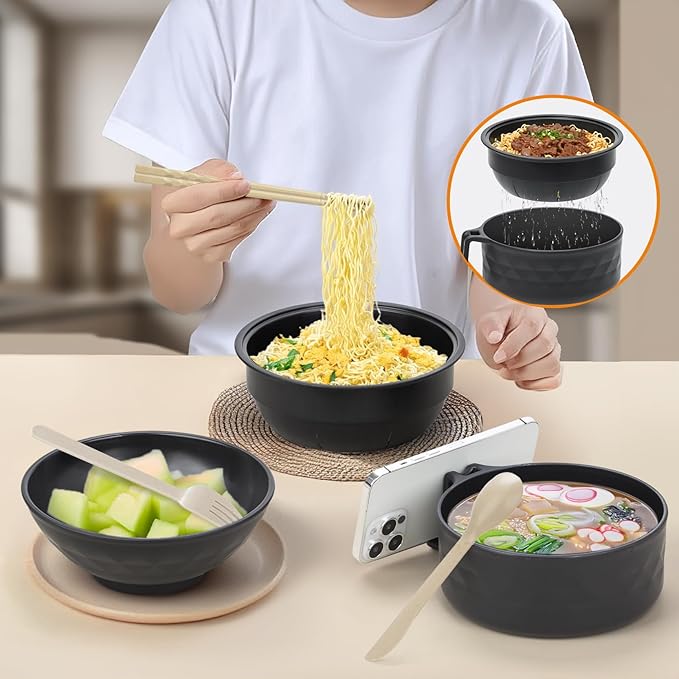 Ramen Cooker,Microwave Ramen Bowl,Ramen Noodle Bowl,College Dorm Room Essentials for Girls for Boys, Portable Noodle Bowls,for Home Office Dorm Room College gift,BPA-Free (Black)