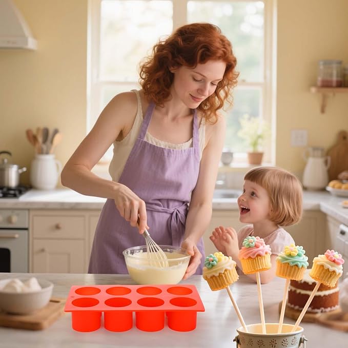 Juome Circle Cake Pop Mold Kit, 8 Cavities Cakesicle Molds Silicone with 100 Sticks & 100 Packaging Bags, Round Cake Pop Maker Supplies Accessories, Baking Tools for Home Baking Desserts