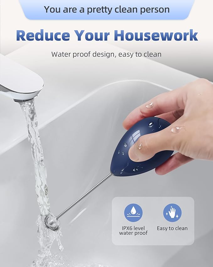 Milk Frother Handheld with Case,USB C Rechargeable Frother Wand for Coffee, Portable Electric Whisk with Stand,Waterproof Hand Drink Mixer Travel for Lattes, Cappuccino, Matcha, Egg (Navy blue)